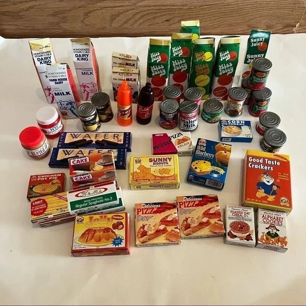 Lot 45 Vtg Pretend Play Food Mini Boxes Cans Coca Cola Progreso Milk Pizza Pasta